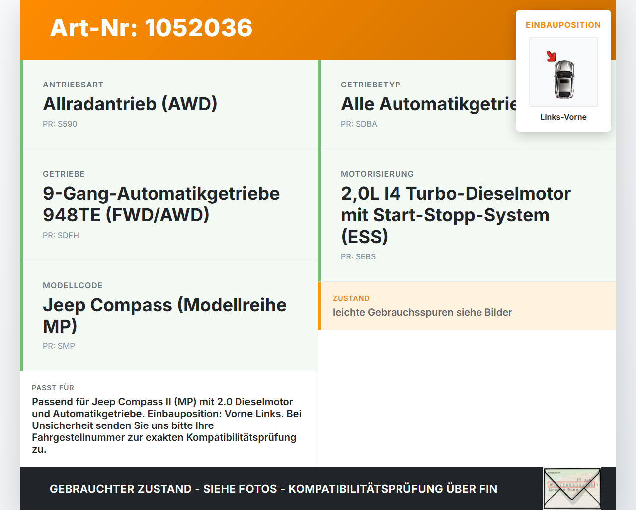 Jeep Compass II 17-21 2,0D 103KW Motorhalter Motorlager Links Vorne Jeep Compass II 17-21 12.08.2019 gebraucht Vorschau 3