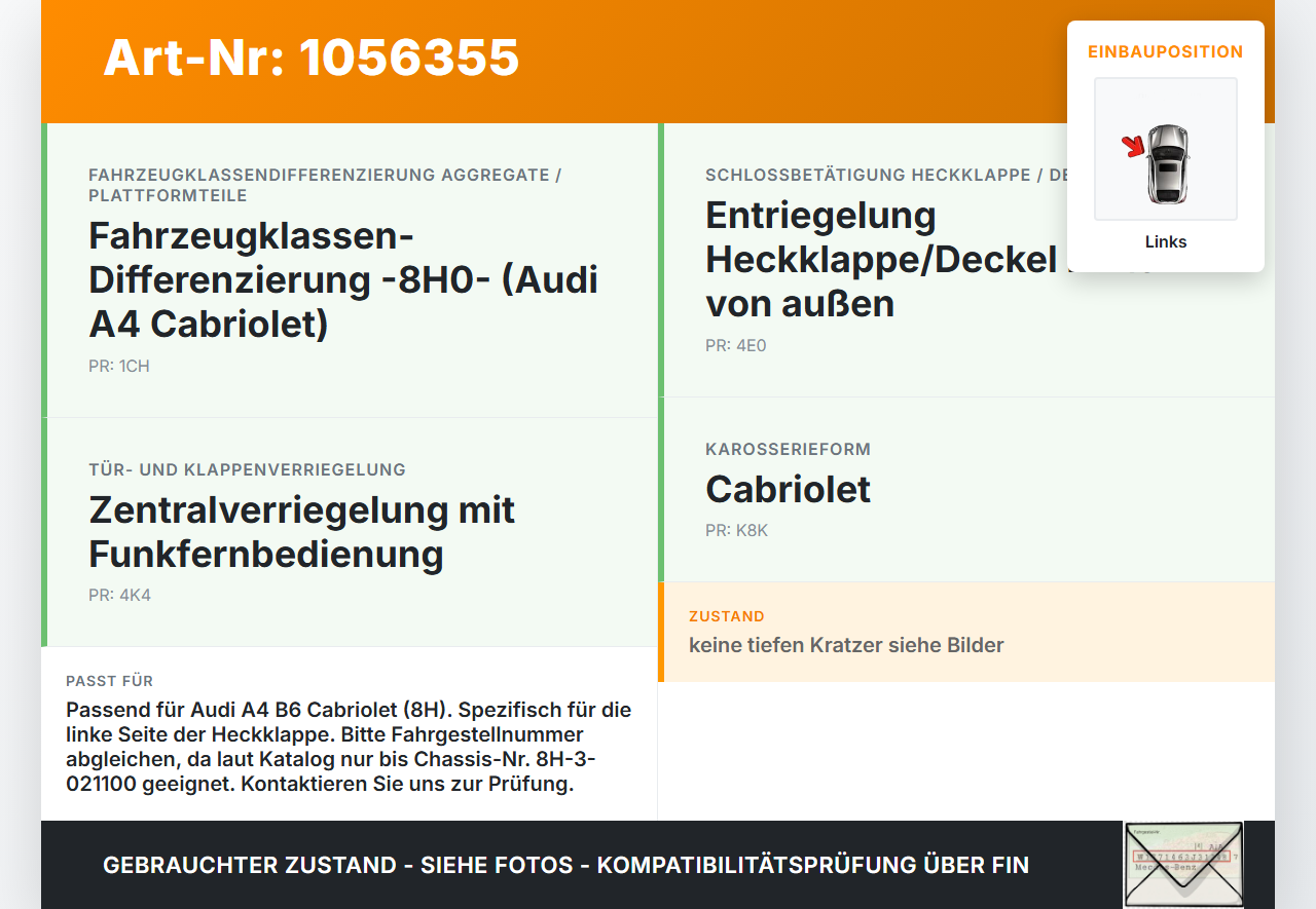 Audi A4 B6 8H 02-05 Cabrio Dämpfer Gasdruckfeder für Heckklappe Links Audi A4 B6 8H 02-05 17.05.2005 a8H0827552B... Vorschau 3