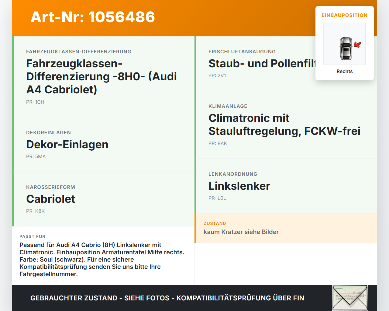 Audi A4 B6 8H 02-05 Luftdusche Luftdüse Rechts Mitte Audi A4 B6 8H 02-05 17.05.2005 3R0820951 8H0820951D gebraucht Vorschau 3