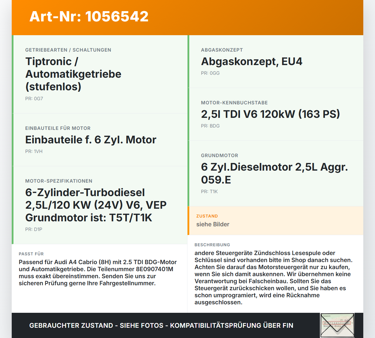 Audi A4 B6 8H 02-05 TDI 2,5 120KW Motor Steuergerät ECU Motorsteuergerät Audi A4 B6 8H 02-05 17.05.2005... Vorschau 3