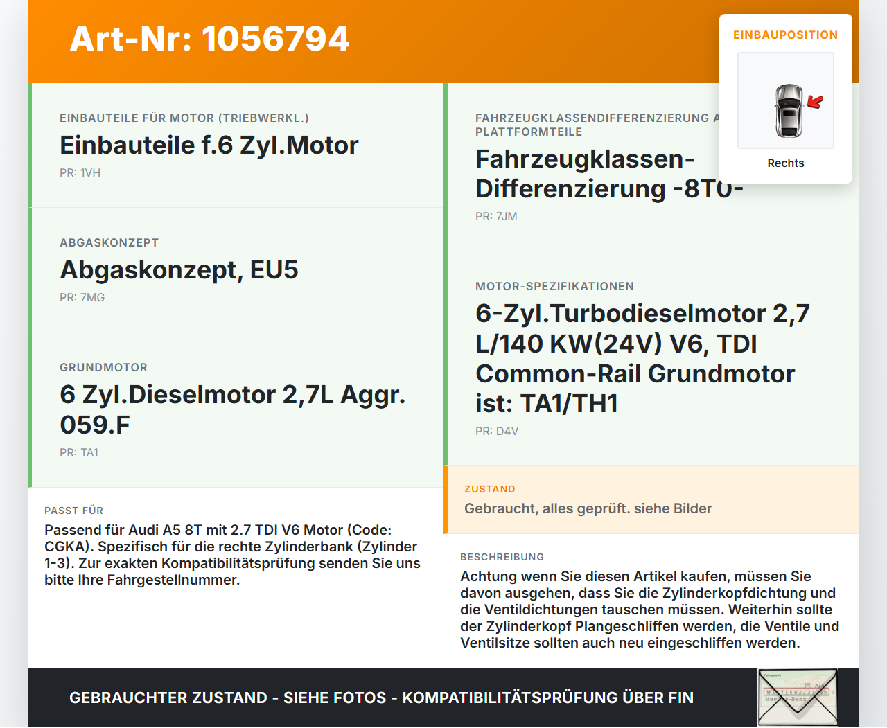 Audi A5 8T 07-12 TDI 2,7 140KW CGKA Zylinderkopf Rechts 1-3 Audi A5 8T 07-12 04.12.2008 059103266M gebraucht Vorschau 3