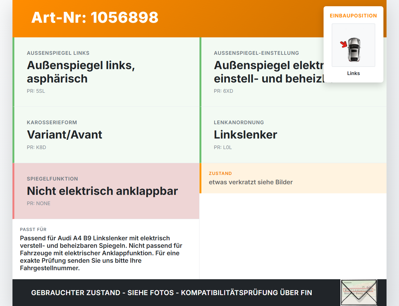 Audi A4 8W B9 15-19 Spiegel Aussenspiegel Links LY9B Audi A4 8W B9 15-19 08.08.2017 8W1857409D 8W1857409D9B9 gebraucht Vorschau 3