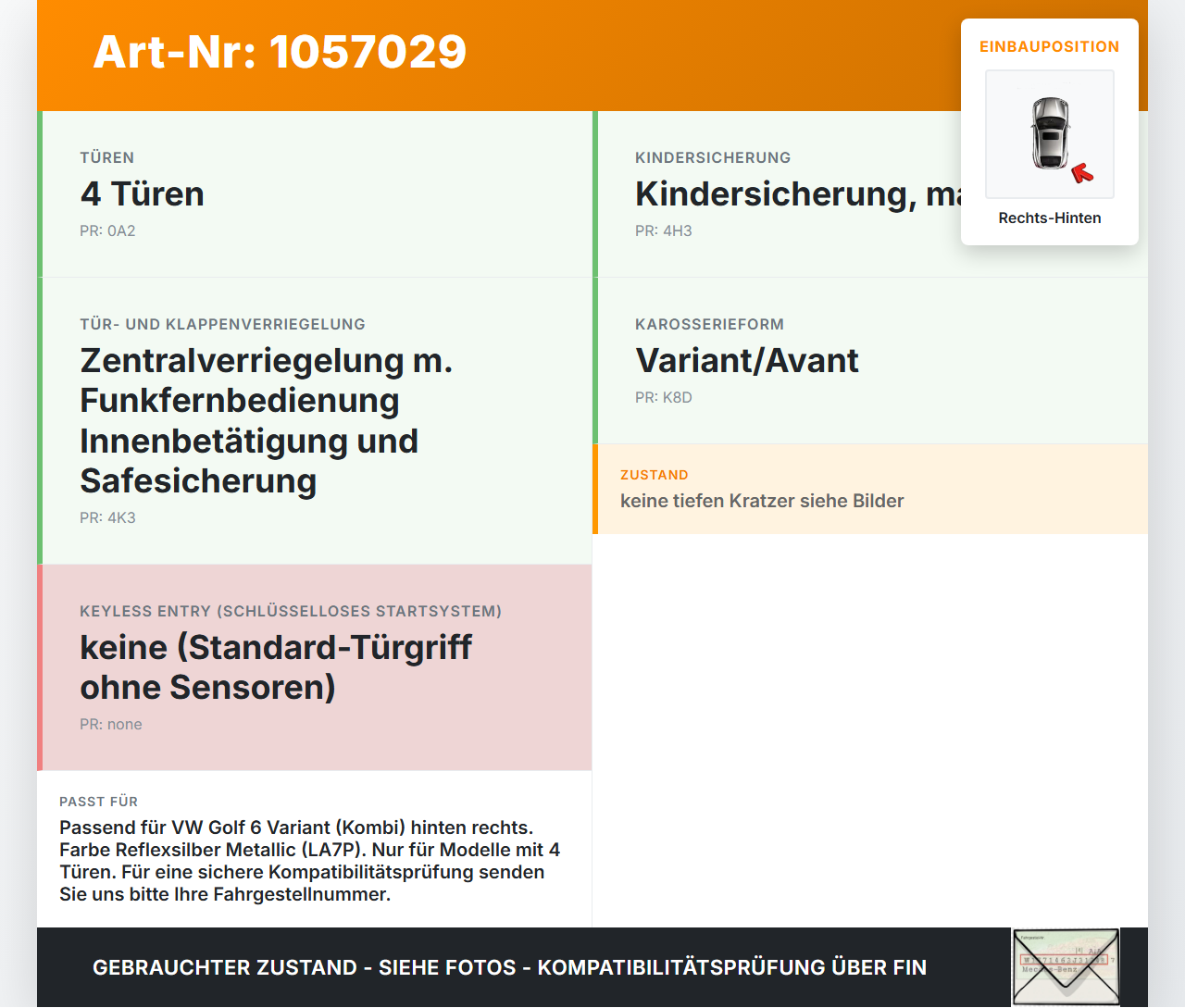 VW Golf VI 6 09-13 Kombi Türgriff Griff aussen Rechts Hinten LA7P VW Golf VI 6 09-13 15.10.2012 1Q0837886A gebraucht Vorschau 3