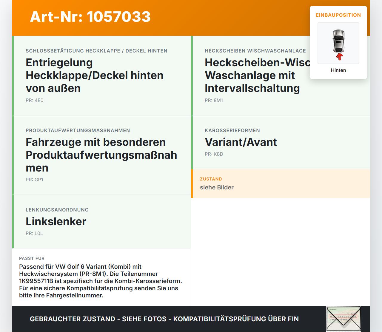 VW Golf VI 6 09-13 Kombi Wischermotor Hinten Heckwischermotor VW Golf VI 6 09-13 15.10.2012 1K9955711B 0390201217... Vorschau 3