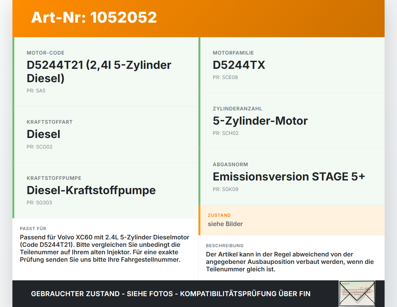 Volvo XC60 156 13-17 2,4 140KW Injektor Einspritzdüse Pumpedüse Zyl.1 Volvo XC60 156 13-17 23.11.2016 31272690... Vorschau 3
