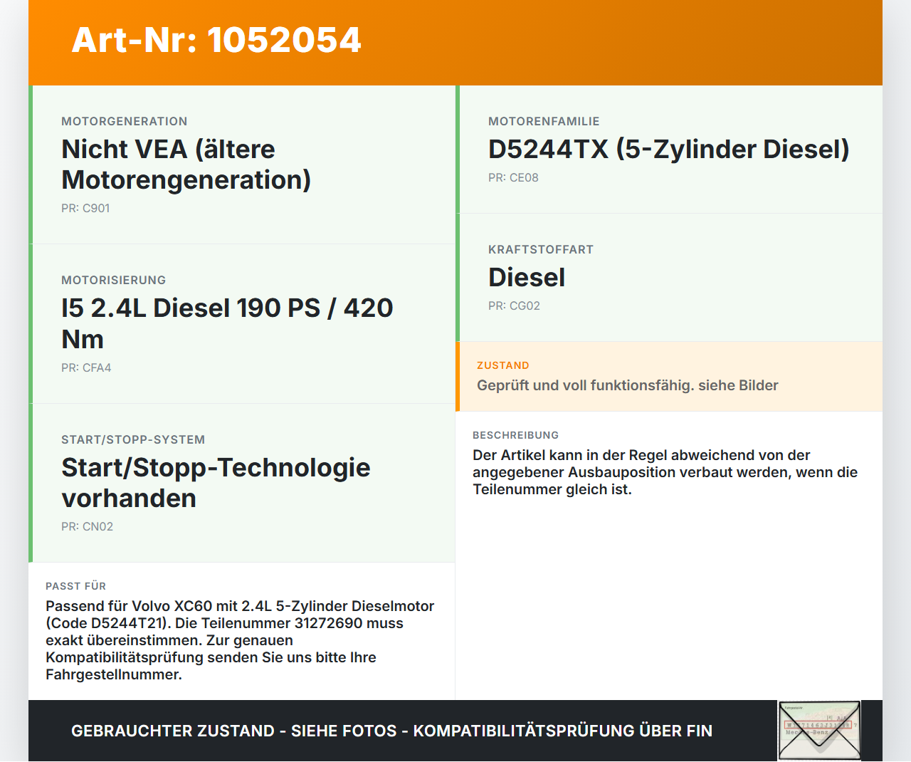 Volvo XC60 156 13-17 2,4 140KW Einspritzdüse Einspritzventil Zyl.3 Volvo XC60 156 13-17 23.11.2016 31272690... Vorschau 3