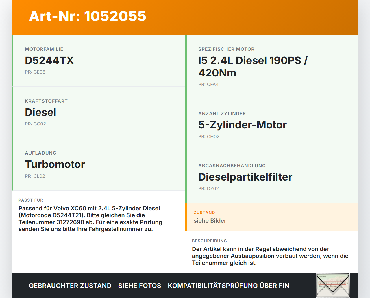 Volvo XC60 156 13-17 2,4 140KW Einspritzdüse Einspritzventil Zyl.2 Volvo XC60 156 13-17 23.11.2016 31272690... Vorschau 3
