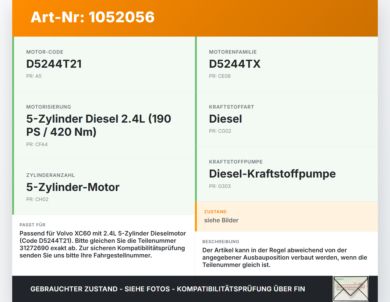 Volvo XC60 156 13-17 2,4 140KW Injektor Einspritzdüse Rail Zyl.4 Volvo XC60 156 13-17 23.11.2016 31272690... Vorschau 3