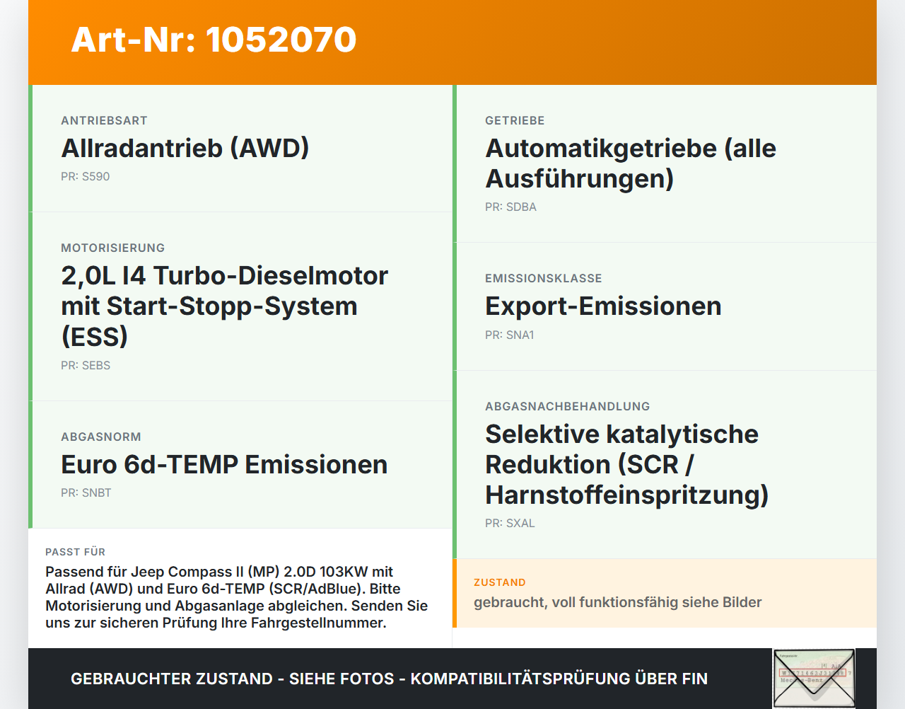 Jeep Compass II 17-21 2,0D 103KW Hosenrohr Vorderrohr Abgasrohr Flexrohr Jeep Compass II 17-21 12.08.2019 gebraucht Vorschau 3