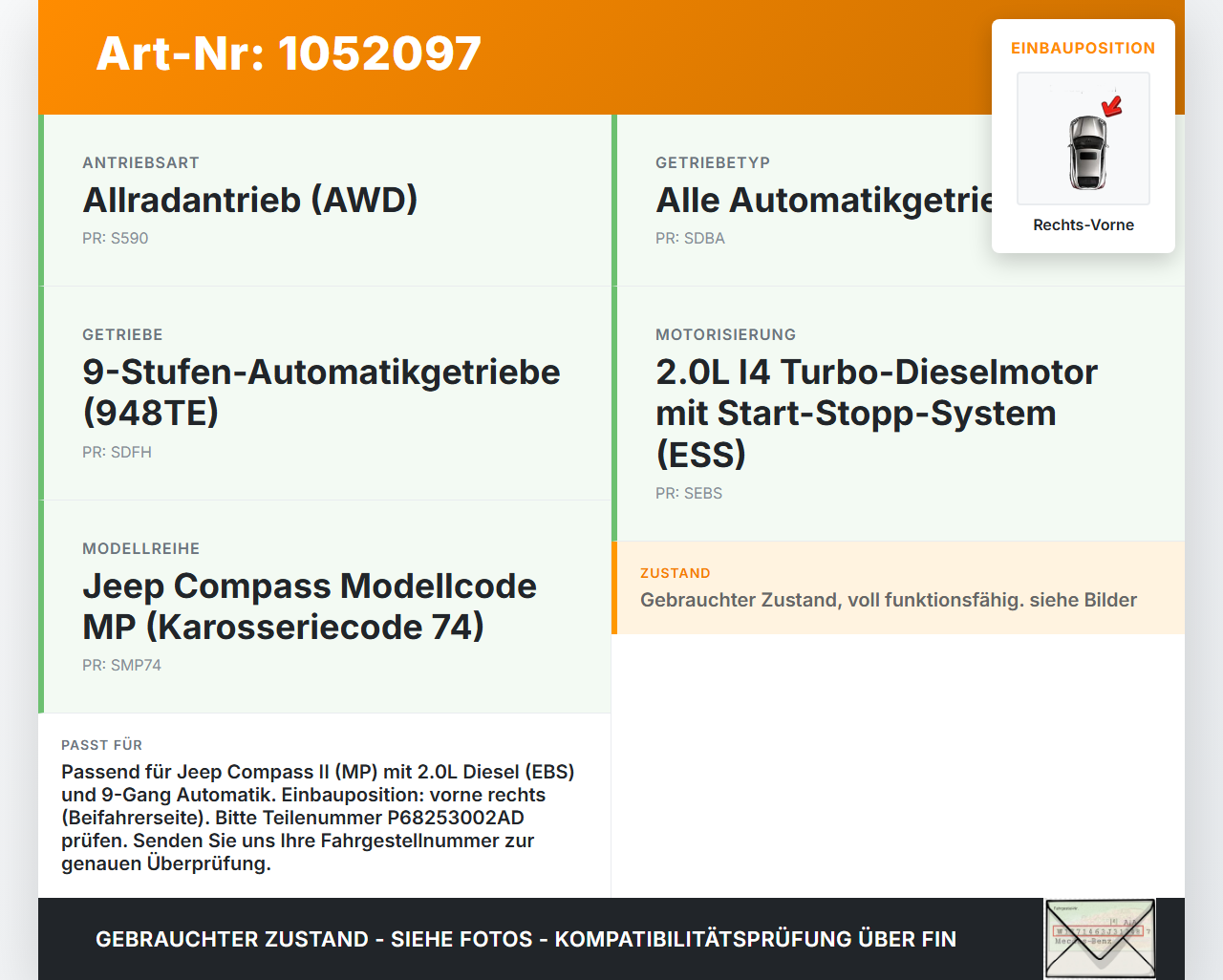 Jeep Compass II 17-21 2,0D 103KW Motorlager Motorhalter Rechts Vorne Jeep Compass II 17-21 12.08.2019 00534116160... Vorschau 3