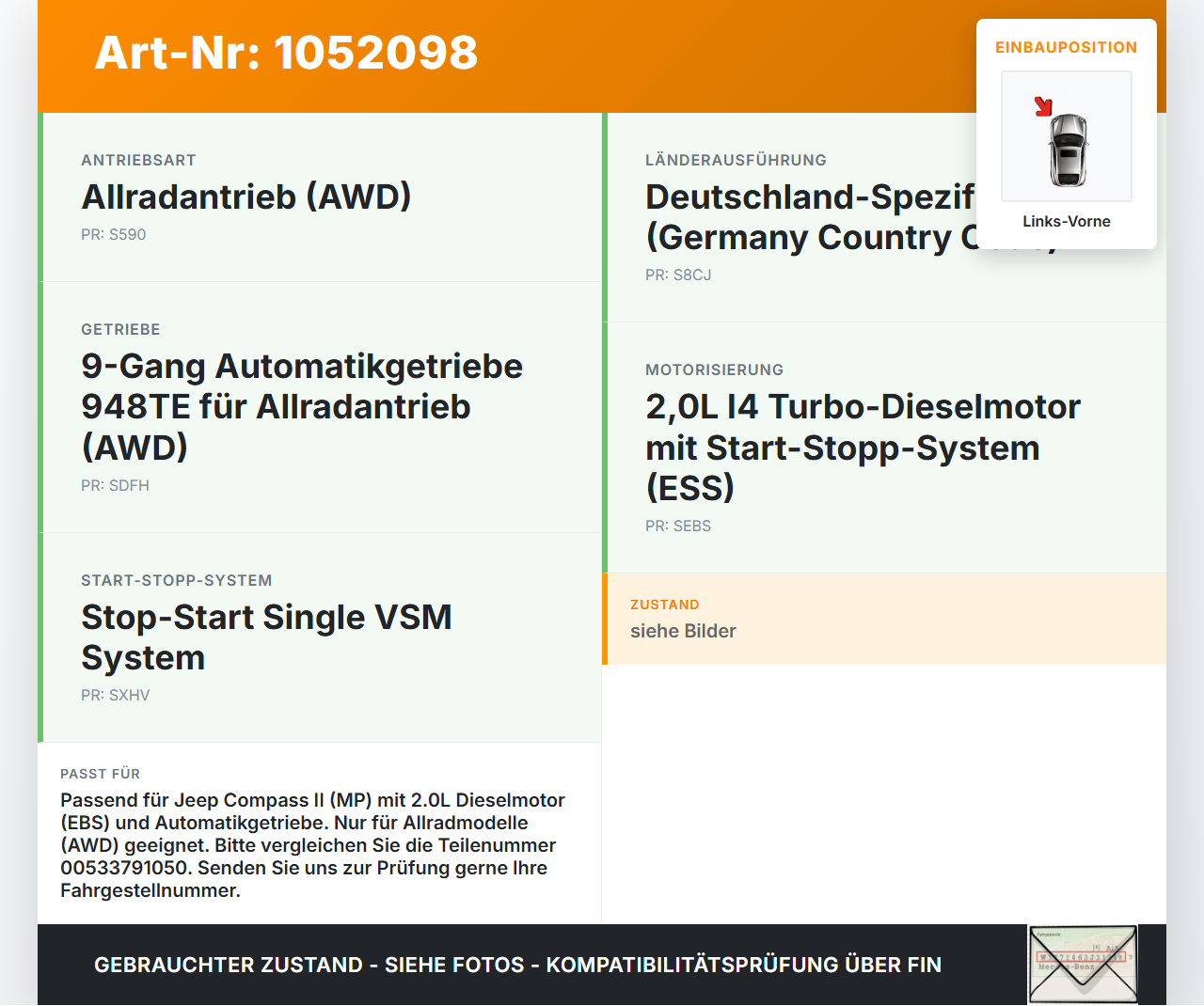 Jeep Compass II 17-21 2,0D 103KW Motorlager Motorhalter Links Vorne Jeep Compass II 17-21 12.08.2019 00533791050... Vorschau 3