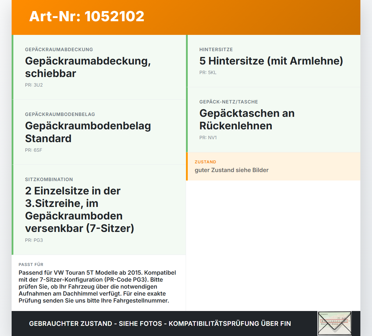 VW Touran II 5T 15-24 Netz Sicherungsnetz Laderaumnetz VW Touran II 5T 15-24 12.05.2016 5TA861690 gebraucht Vorschau 3