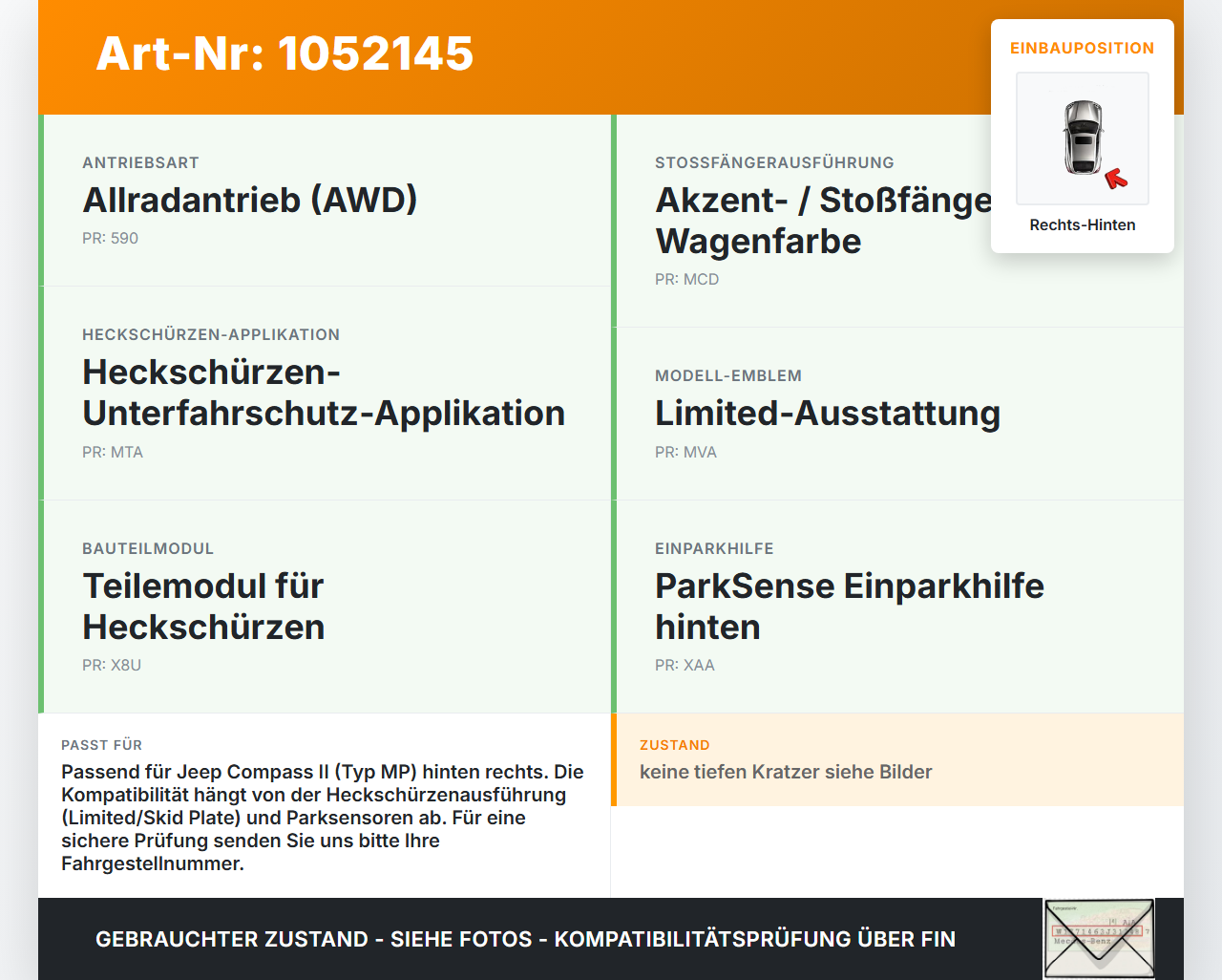 Jeep Compass II 17-21 Stoßstangen Halter Führung Aufnahme Hinten Rechts Jeep Compass II 17-21 12.08.2019 gebraucht Vorschau 3