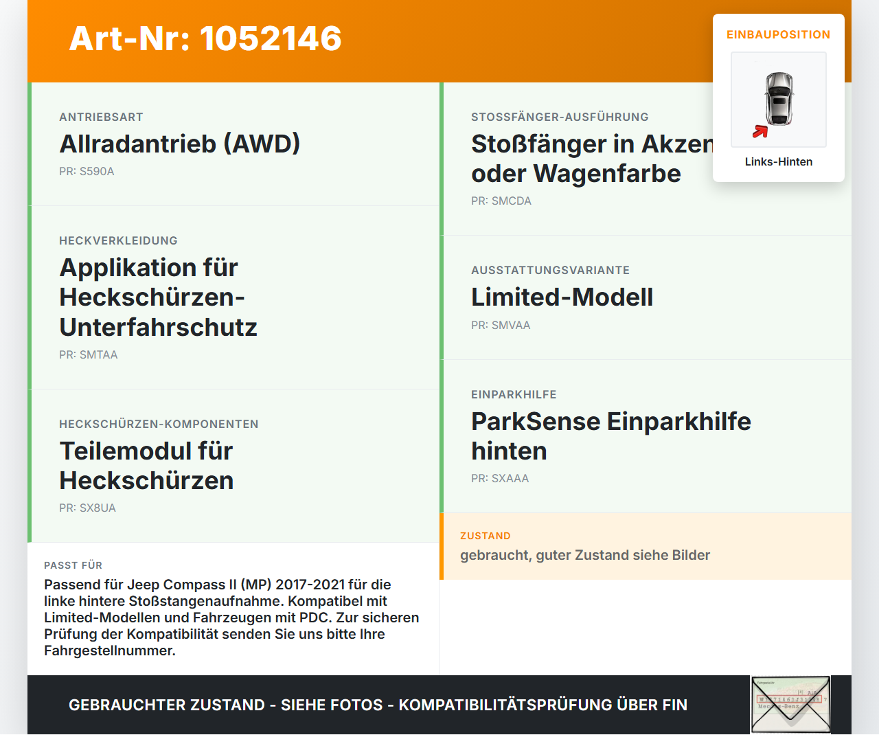 Jeep Compass II 17-21 Halter Träger Aufnahme Führung für Stoßstange Links Hinten Jeep Compass II 17-21 12.08.2019... Vorschau 3