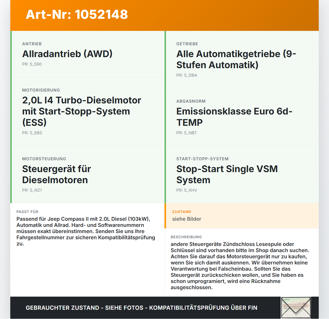 Jeep Compass II 17-21 2,0D 103KW Steuergerät ECU für Motor Motorsteuergerät Jeep Compass II 17-21 12.08.2019... Vorschau 3