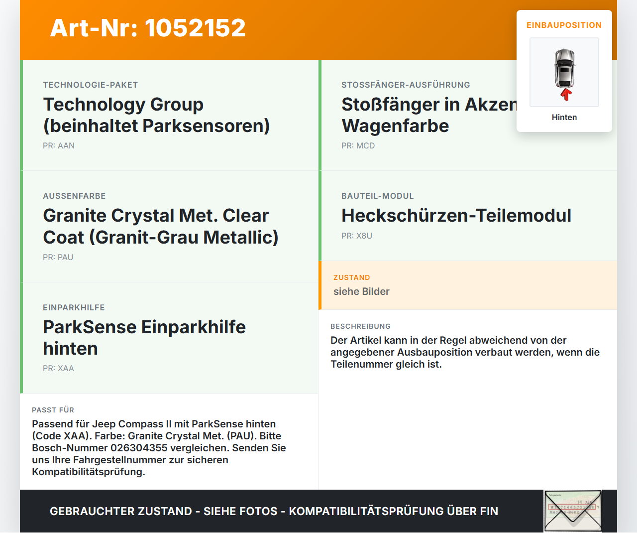 Jeep Compass II 17-21 Abstands Sensor Parksensor PDC Hinten Innen PAU Jeep Compass II 17-21 12.08.2019 5UT05RXFAA... Vorschau 3