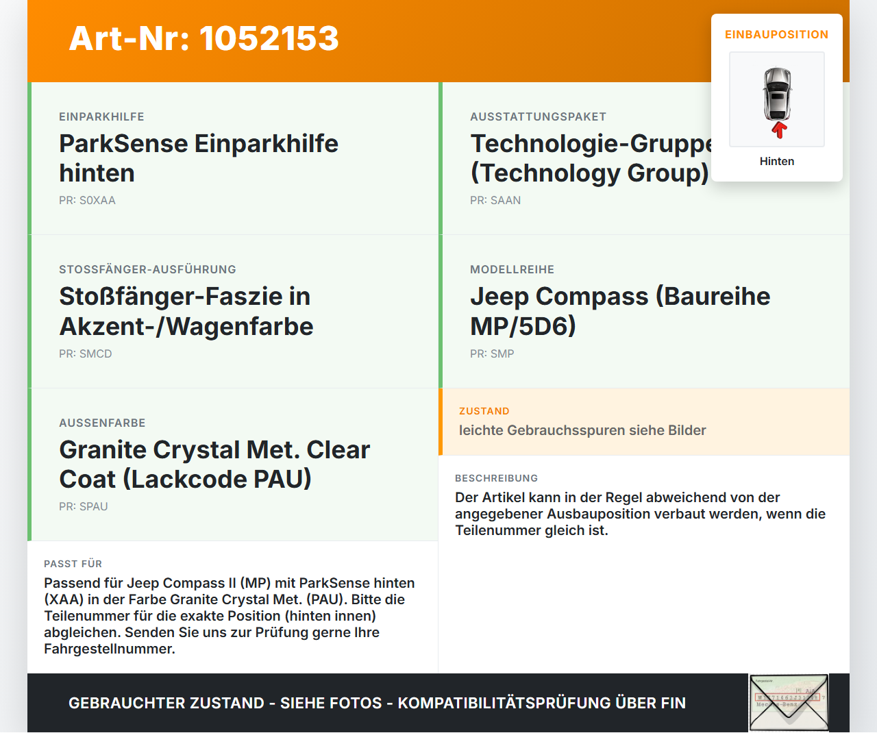 Jeep Compass II 17-21 Abstands Sensor Parksensor PDC Hinten Innen A PAU Jeep Compass II 17-21 12.08.2019 5UT05RXFAA... Vorschau 3