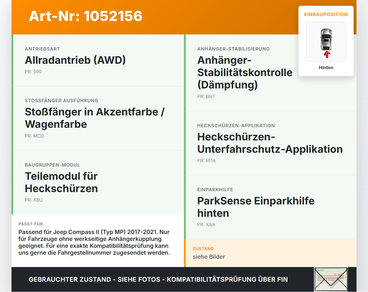 Jeep Compass II 17-21 Träger Pralldämpfer für Stoßstange Hinten Jeep Compass II 17-21 12.08.2019 68244459AB gebraucht Vorschau 3