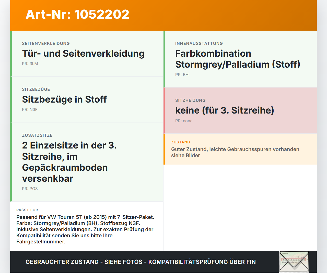 VW Touran II 5T 15-24 Sitze Set 3te Sitzreihe Klappsitz Seitenverkleidungen stormgrey/palladium dunkel/london grey... Vorschau 3