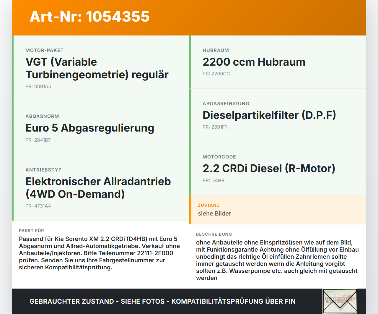 Kia Sorento XM 09-12 CRDi 2,2 145KW D4HB Motor Kia Sorento XM 09-12 19.05.2010 153F12FU-00 22111-2F000 gebraucht Vorschau 3