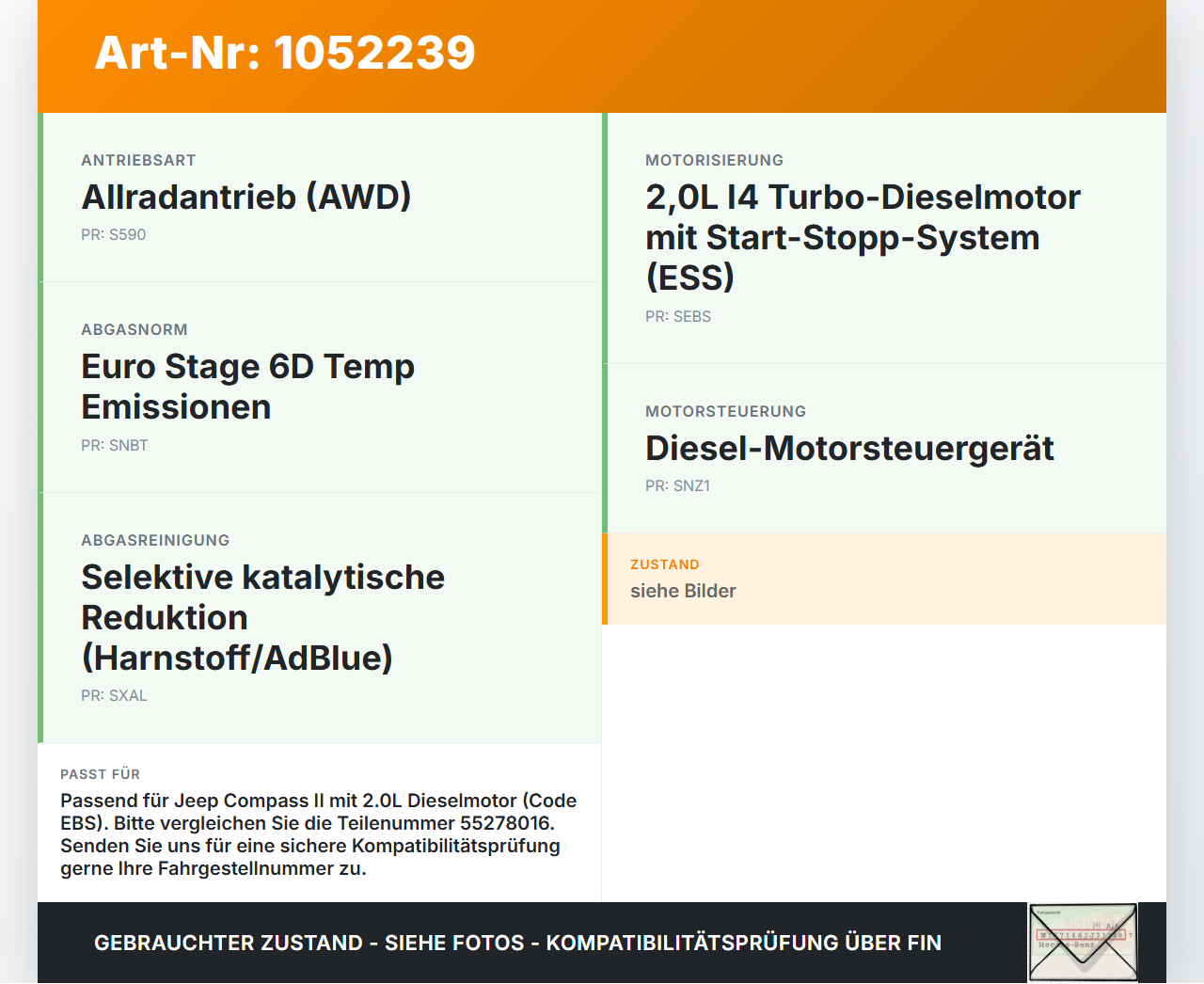 Jeep Compass II 17-21 2,0D 103KW EBS Unterdruckpumpe Vakuumpumpe Jeep Compass II 17-21 12.08.2019 7.04749.01.0 gebraucht Vorschau 3