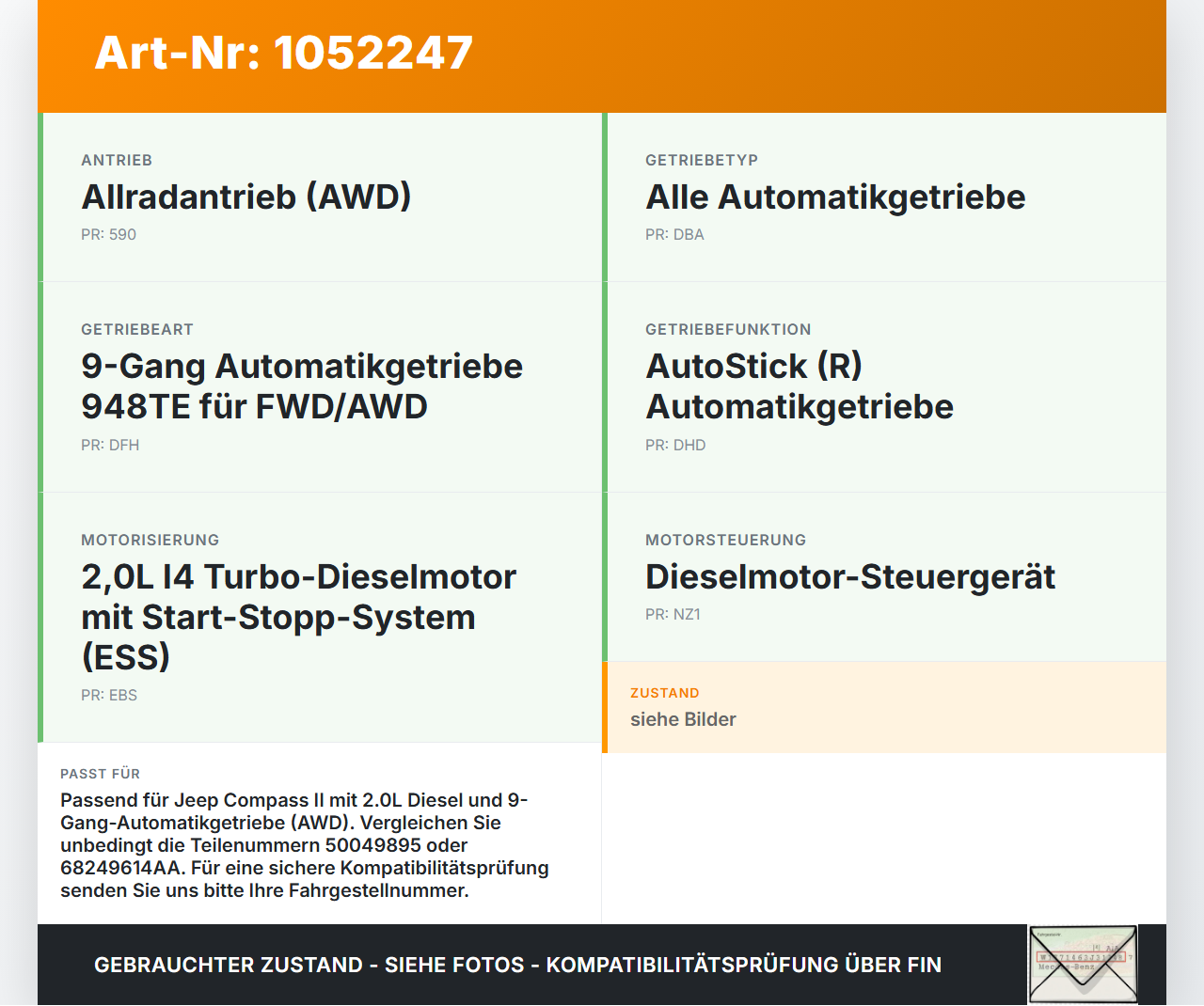 Jeep Compass II 17-21 2,0D 103KW Steuergerät für Getriebe Jeep Compass II 17-21 12.08.2019 68249614AA 50049895 gebraucht Vorschau 3