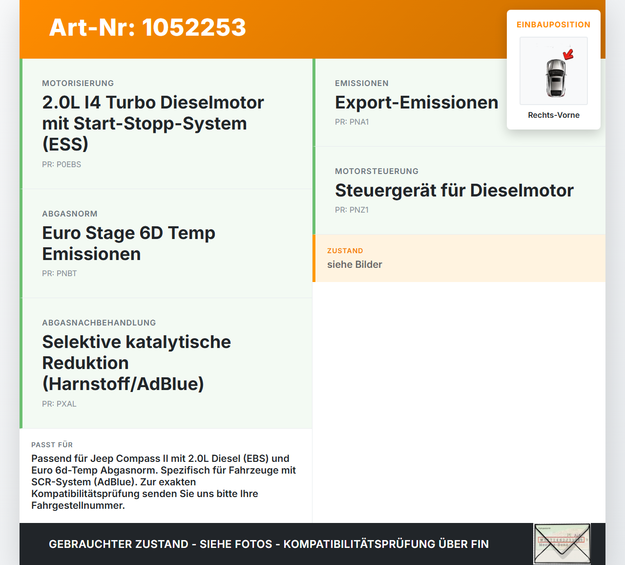 Jeep Compass II 17-21 2,0D 103KW Lambdasonde Partikelsensor Abgassensor NoX Rechts Vorne Jeep Compass II 17-21... Vorschau 3