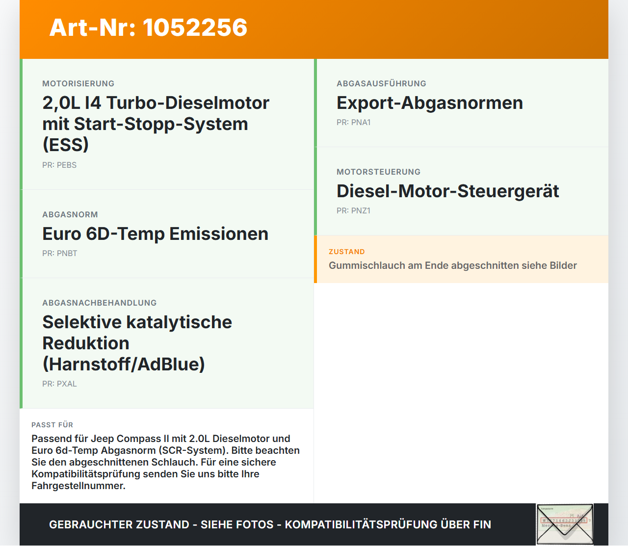 Jeep Compass II 17-21 2,0D 103KW Sensor Abgastemperatursensor Abgassonde Jeep Compass II 17-21 12.08.2019... Vorschau 3