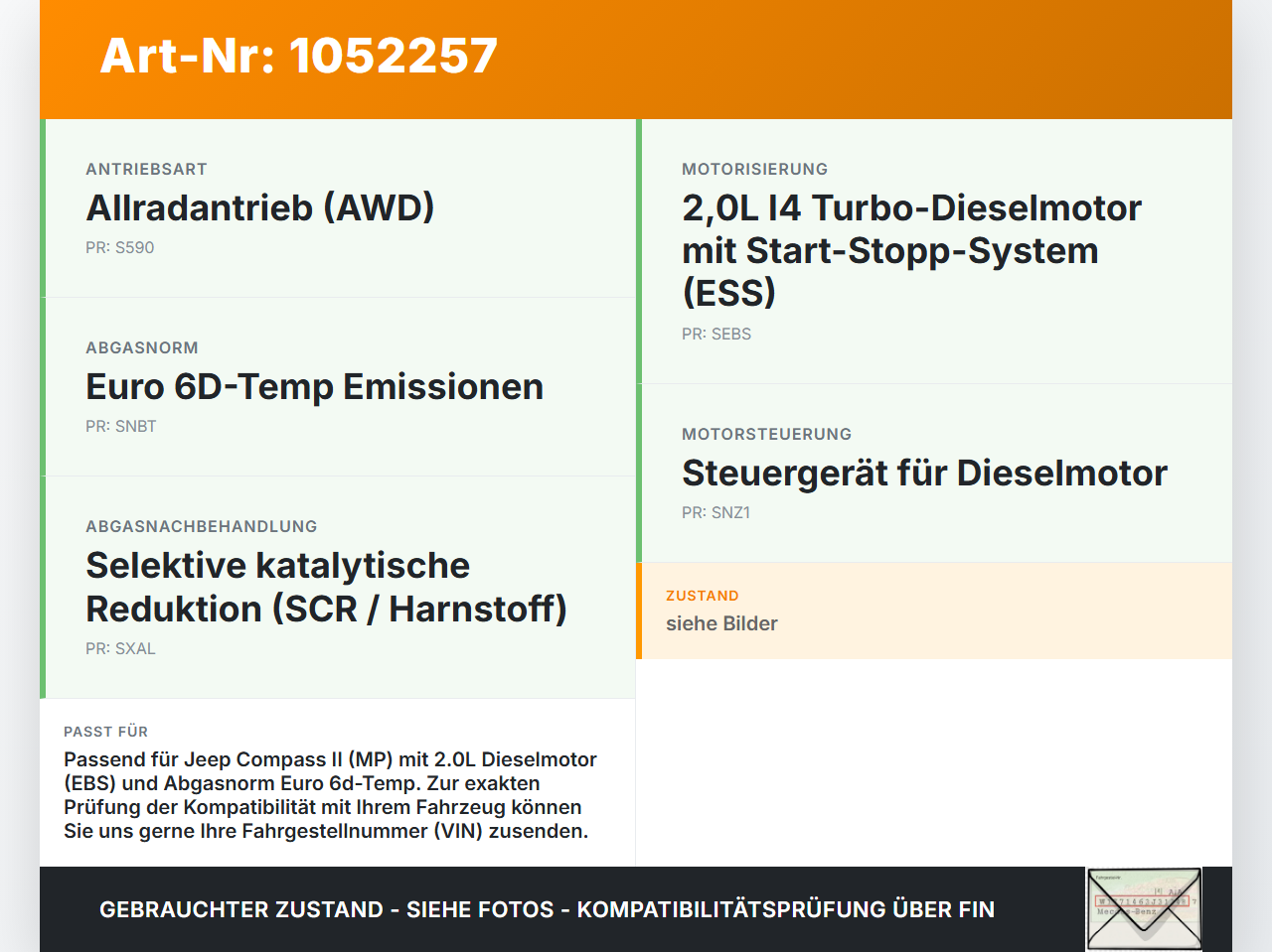 Jeep Compass II 17-21 2,0D 103KW Sensor Abgastemperatursensor Abgassonde Jeep Compass II 17-21 12.08.2019... Vorschau 3