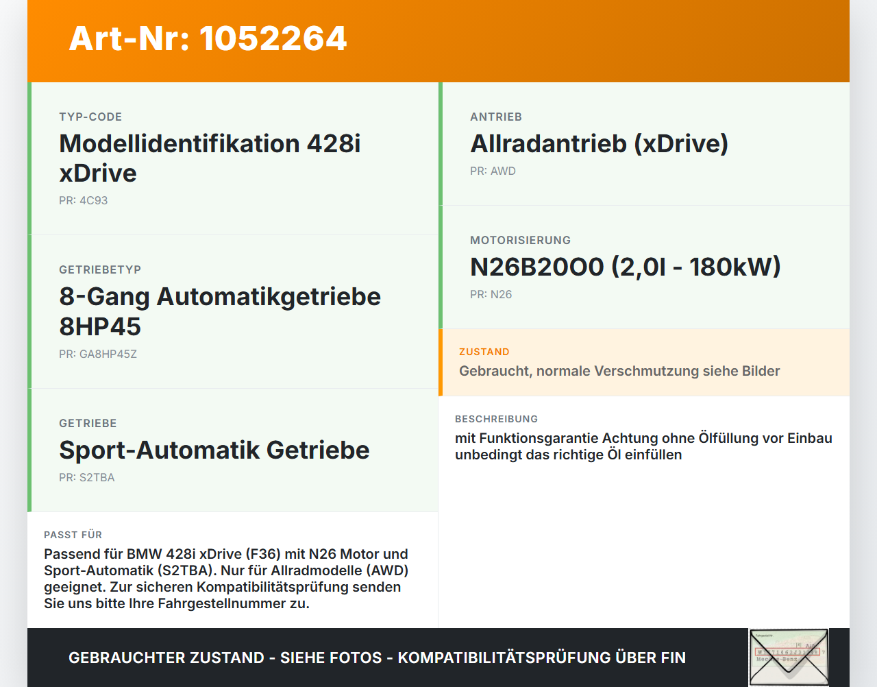 BMW 428i F36 14-17 2,0 180KW 4WD GA8HP-45Z Automatikgetriebe 8HP45 8-Gang Getriebe BMW 428i F36 14-17 02.06.2016... Vorschau 3