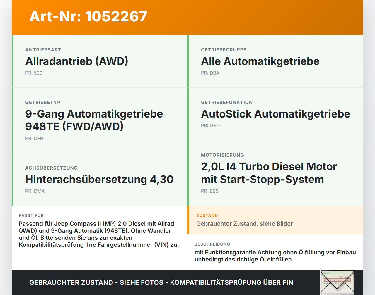 Jeep Compass II 17-21 2,0D 103KW 4WD 948TE Automatikgetriebe Getriebe ohne Wandler Jeep Compass II 17-21 12.08.2019... Vorschau 3