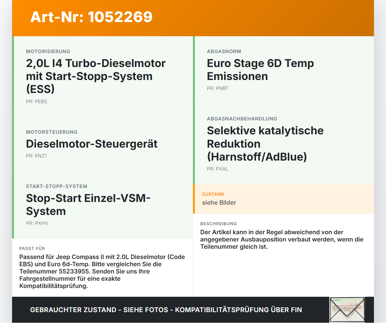 Jeep Compass II 17-21 2,0D 103KW Injektor Einspritzdüse Zyl.4 Jeep Compass II 17-21 12.08.2019 0445110419 gebraucht Vorschau 3