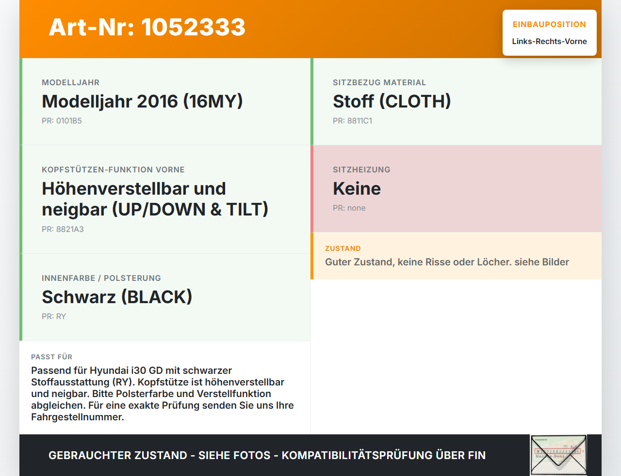 Hyundai I 30 GD 15-17 Lim Kopfstütze für Beifahrer Sitz Rechts oder Links Vorne Hyundai I 30 GD 15-17 30.10.2015... Vorschau 3