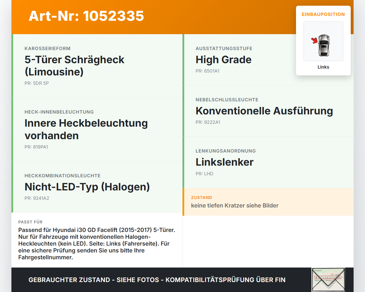 Hyundai I 30 GD 15-17 Lim Rückleuchte Rücklicht Heckleuchte Links orig Hyundai I 30 GD 15-17 30.10.2015 150731A... Vorschau 3