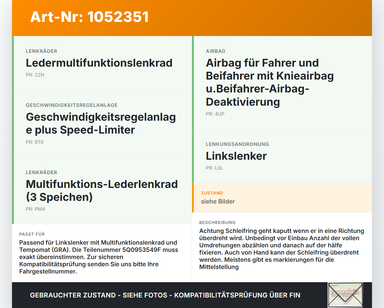 VW Touran II 5T 15-24 Airbag Schleifring Wickelfeder VW Touran II 5T 15-24 12.05.2016 5Q0953549F LK10117195-01 gebraucht Vorschau 3