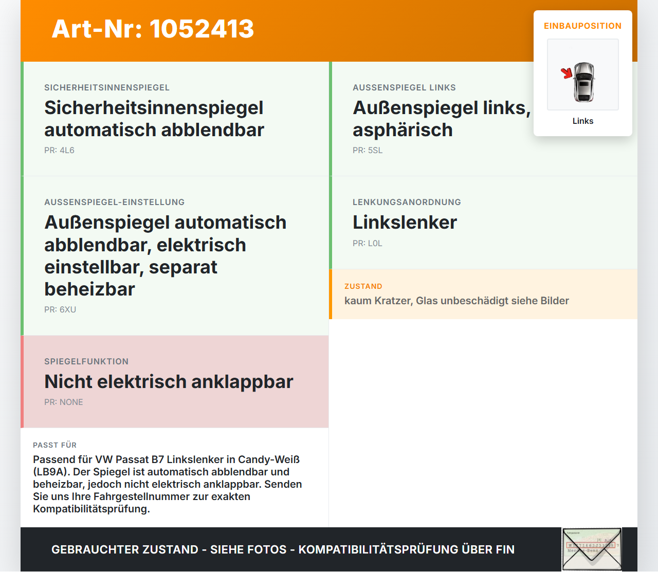VW Passat 3C B7 10-14 Spiegel Aussenspiegel Links Elektrochrom LB9A VW Passat 3C B7 10-14 21.03.2011 3C0857533J... Vorschau 3