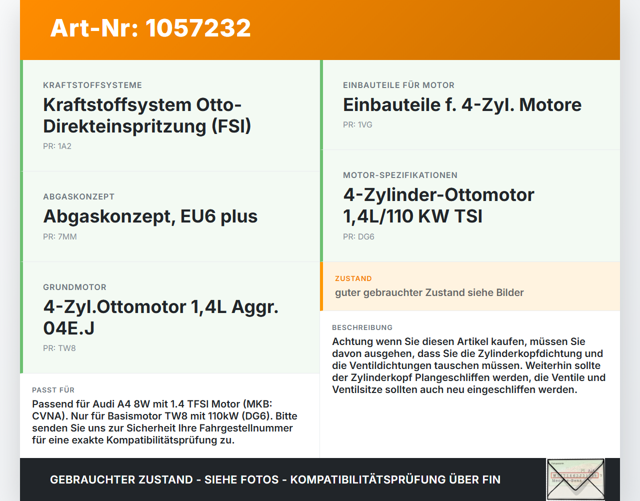 Audi A4 8W B9 15-19 TFSI 1,4 110KW CVNA Zylinderkopf Audi A4 8W B9 15-19 08.08.2017 04L103404AS 04E103065S gebraucht Vorschau 3