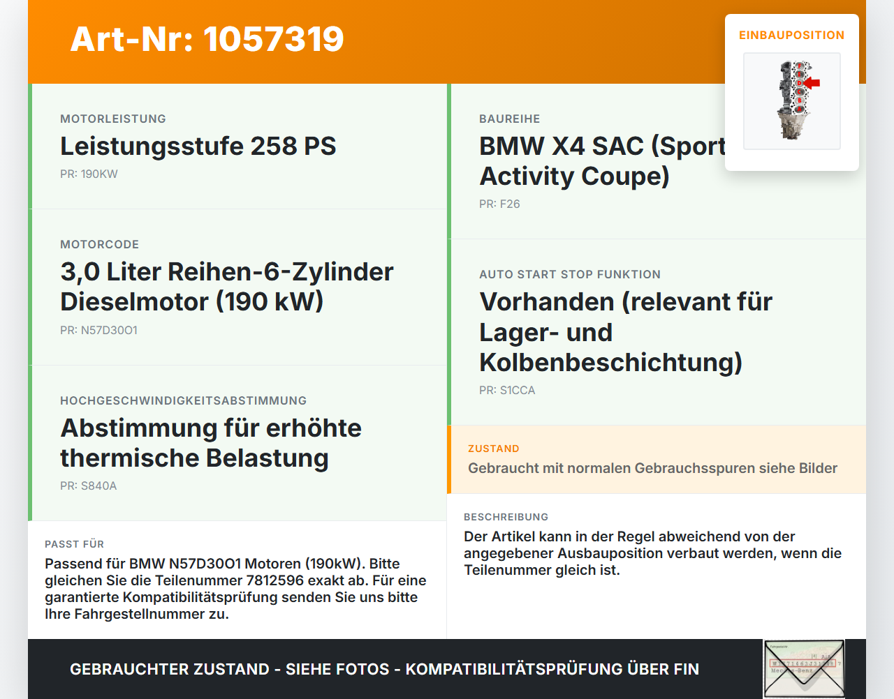 BMW X4 F26 14-18 3,0d 190KW N57D30O1 Kolben mit Pleuel Pos D BMW X4 F26 14-18 08.04.2016 7812585 11257812585... Vorschau 3