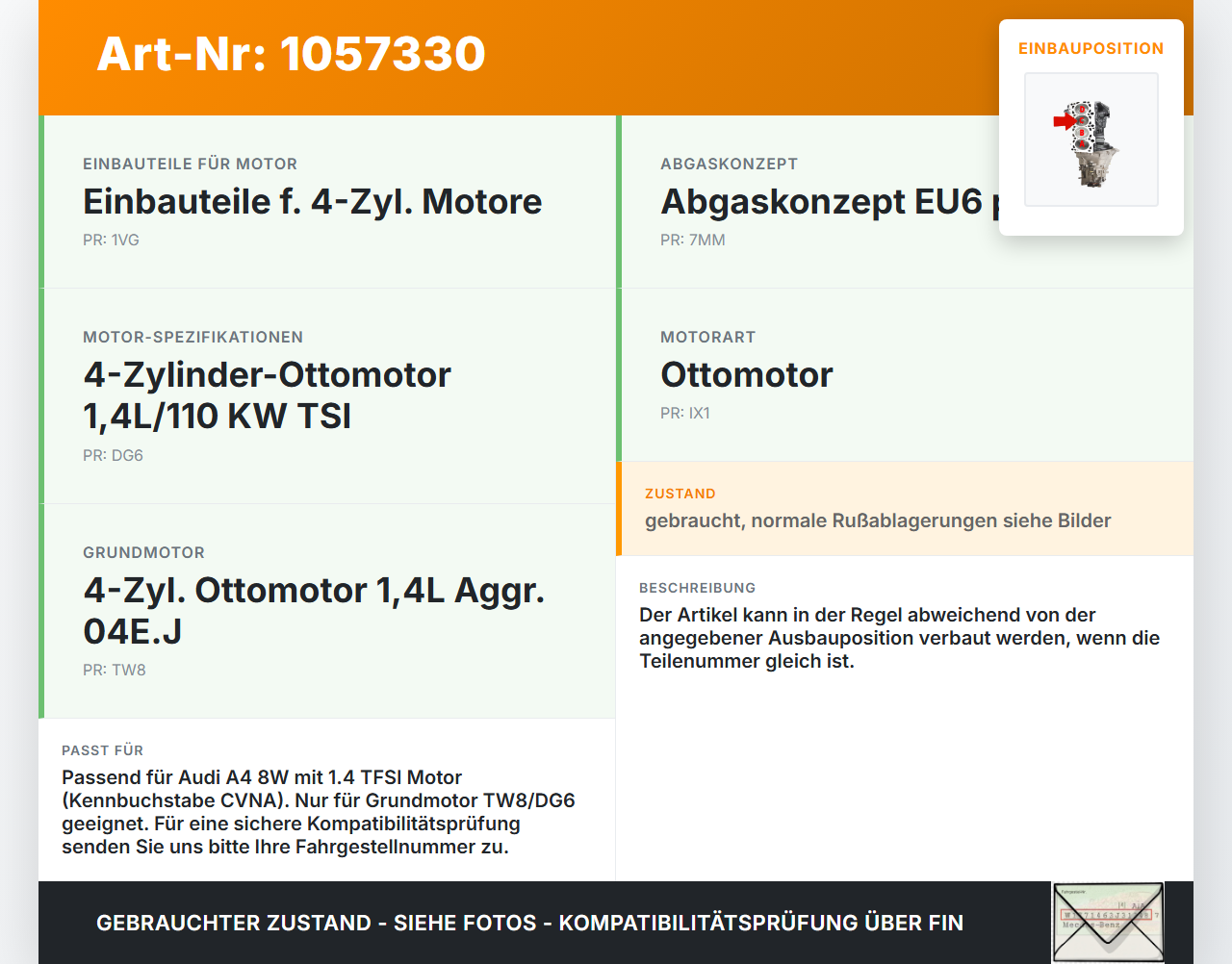 Audi A4 8W B9 15-19 TFSI 1,4 110KW CVNA Kolben mit Pleuel Pos C Audi A4 8W B9 15-19 08.08.2017 04E107065GR gebraucht Vorschau 3