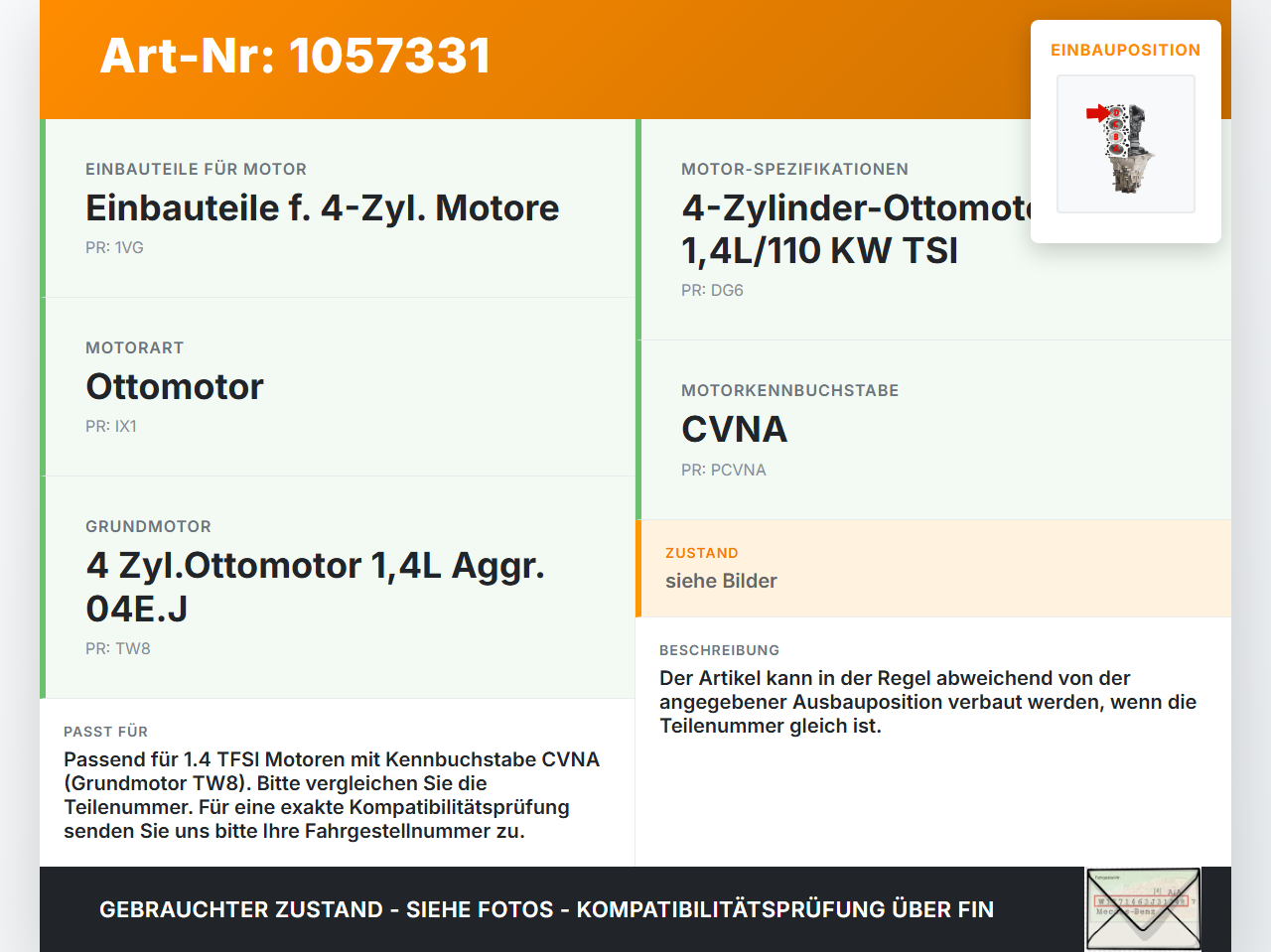 Audi A4 8W B9 15-19 TFSI 1,4 110KW CVNA Kolben mit Pleuel Pos D Audi A4 8W B9 15-19 08.08.2017 04E107065GR gebraucht Vorschau 3