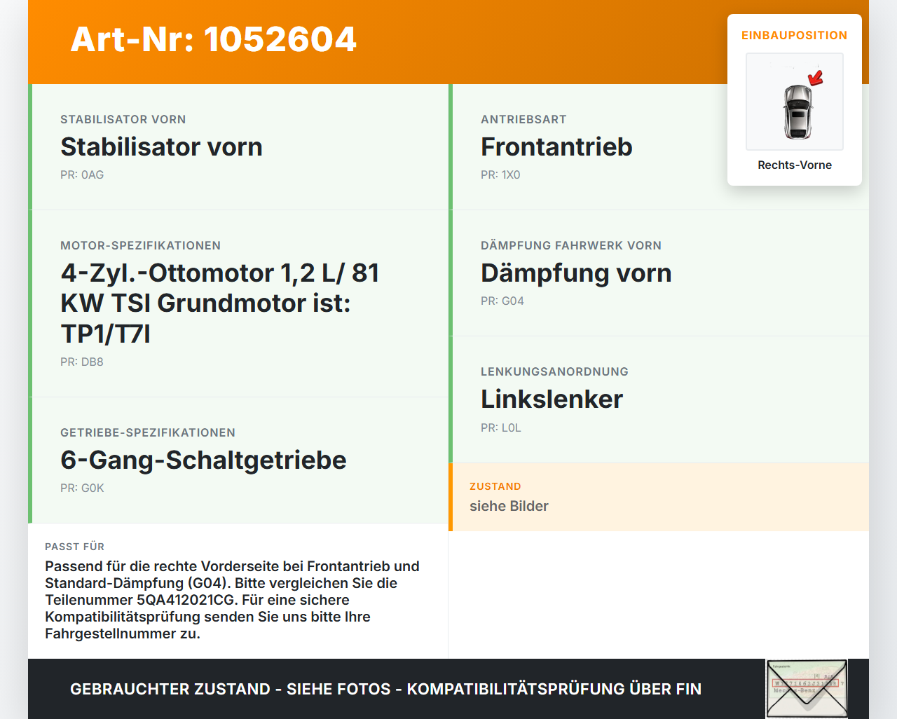 VW Touran II 5T 15-24 Federbein Stossdämpfer Vorne Rechts VW Touran II 5T 15-24 12.05.2016 5QA412021CG gebraucht Vorschau 3