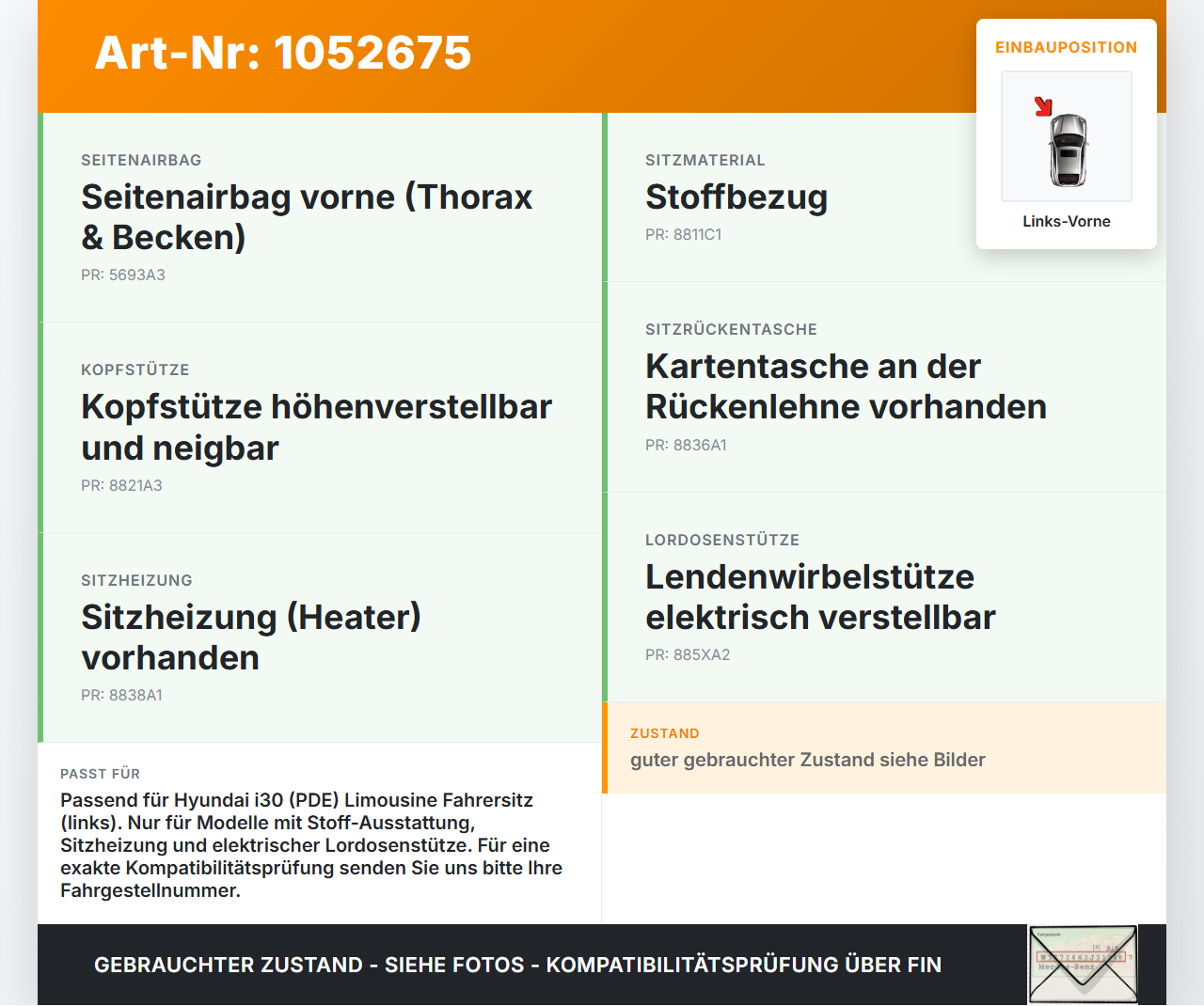 Hyundai PDE 17-20 Lim Sitzbezug Rückenpolster Links Vorne für Fahrer Sitz beheizt Hyundai PDE 17-20 28.03.2019 gebraucht Vorschau 3