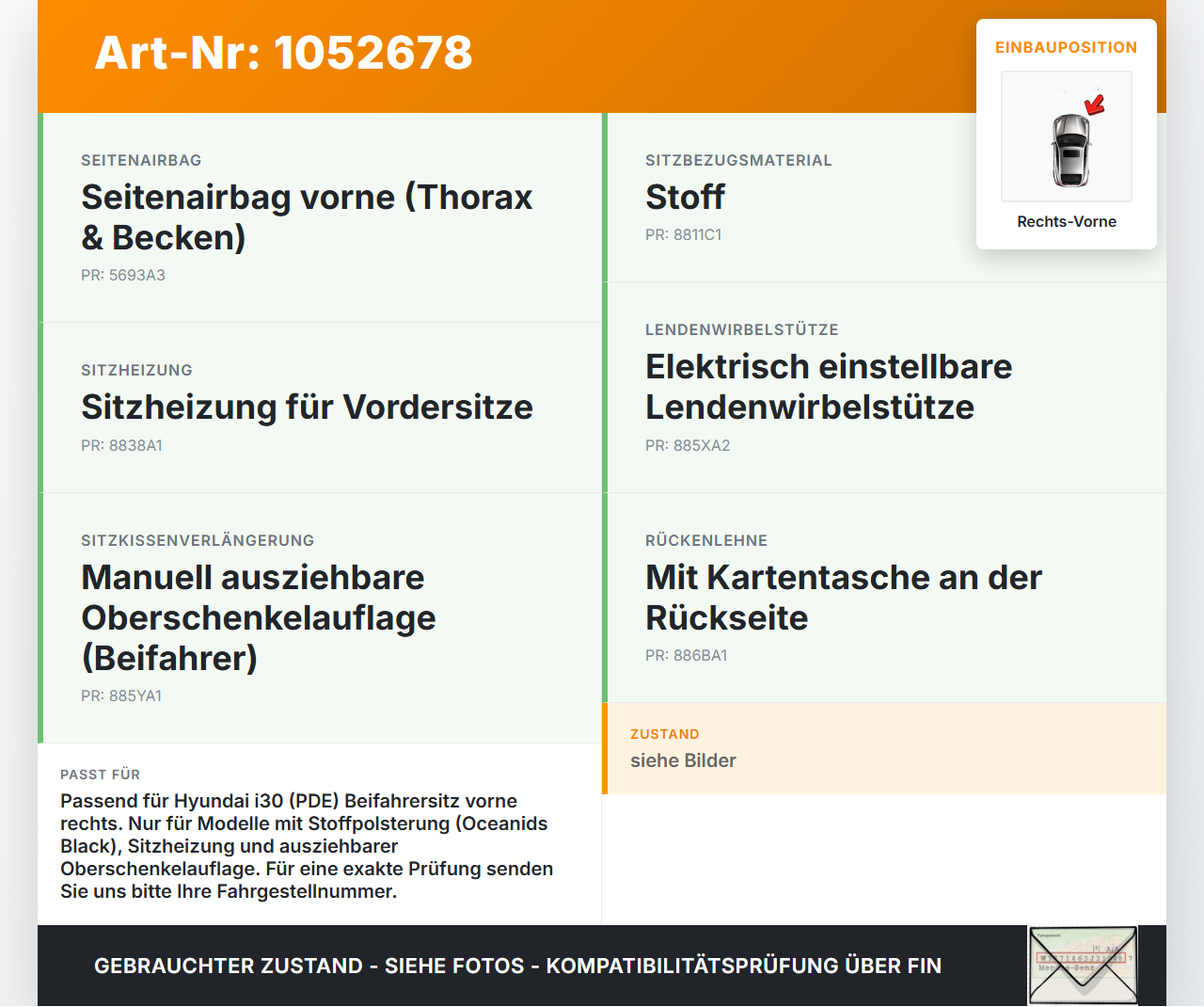 Hyundai PDE 17-20 Lim Sitzbezug Sitzpolster für Beifahrersitz Rechts Vorne Hyundai PDE 17-20 28.03.2019 gebraucht Vorschau 3