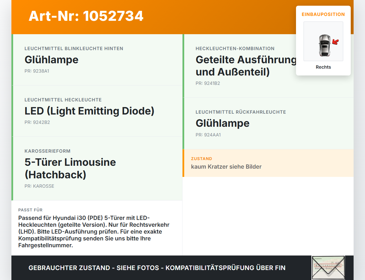 Hyundai PDE 17-20 Lim Rückleuchte Rücklicht Heckleuchte Rechts orig Hyundai PDE 17-20 28.03.2019 181211A gebraucht Vorschau 3