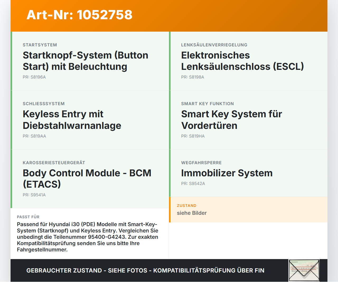 Hyundai PDE 17-20 SG Steuergerät für Karosserie BCM Keyless Entry Hyundai PDE 17-20 28.03.2019 95400-G4243 gebraucht Vorschau 3