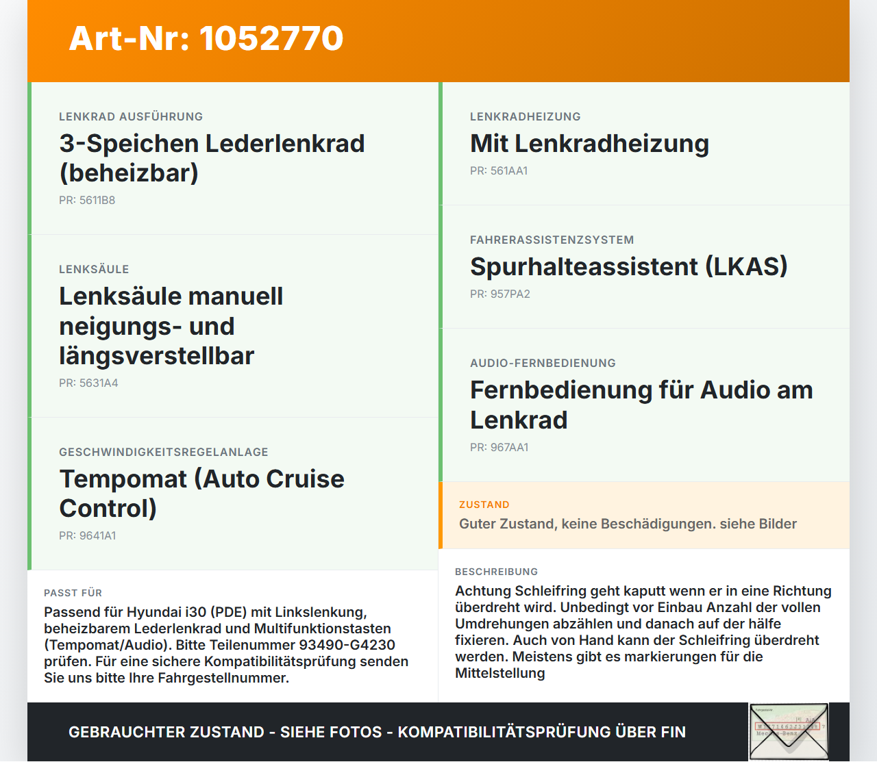 Hyundai PDE 17-20 Airbag Schleifring Wickelfeder Hyundai PDE 17-20 28.03.2019 93490-G4230 H5029A-1000 gebraucht Vorschau 3