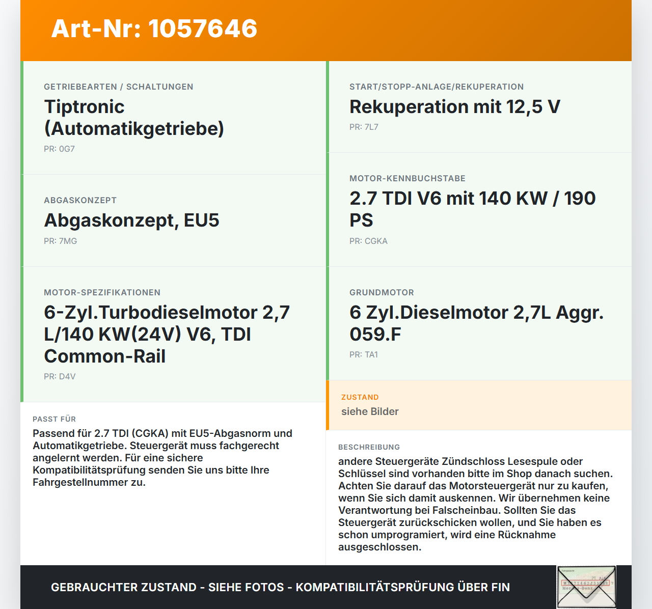 Audi Audi A5 8T 09-11 TDI 2,7 140KW Steuergerät ECU für Motor Motorsteuergerät Audi Audi A5 8T 09-11 20.04.2011... Vorschau 3