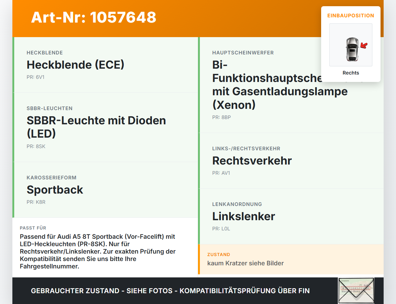 Audi Audi A5 8T 09-11 Lim Rückleuchte Rücklicht Heckleuchte Links orig Audi Audi A5 8T 09-11 20.04.2011 8T8945096D... Vorschau 3