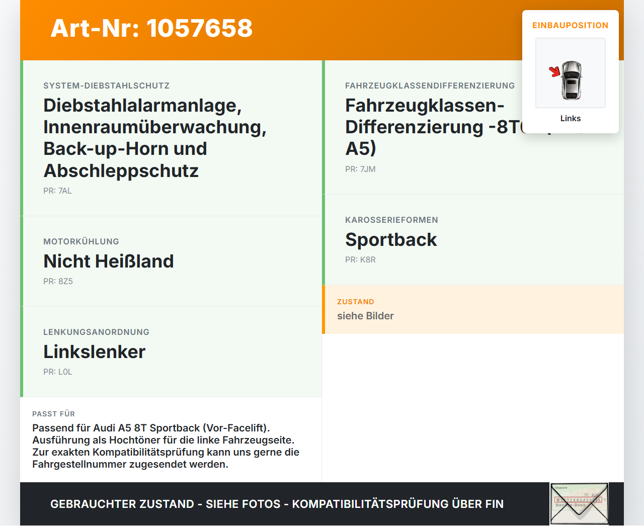Audi Audi A5 8T 09-11 Hupe Signalhorn Hochtöner Links Audi Audi A5 8T 09-11 20.04.2011 8T0951223 00.1165 gebraucht Vorschau 3