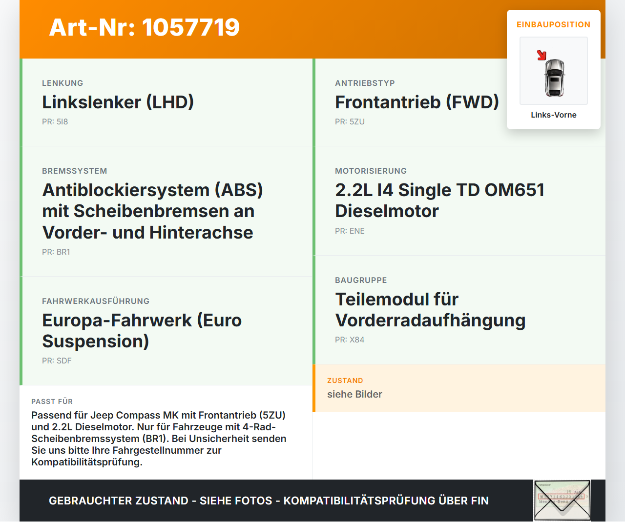 Jeep Compass MK49 10-14 2,1 120KW Achsschenkel Radnabe Links Vorne Jeep Compass MK49 10-14 31.01.2014 SPN018426... Vorschau 3